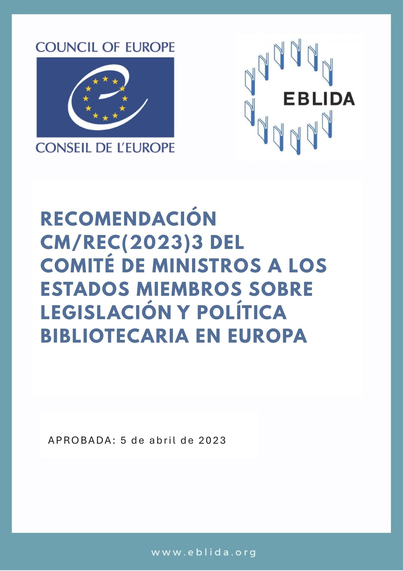 Portada de la traducción al español de la Recomendación CM/Rec(2023)3 del Consejo de Europa sobre legislación y política bibliotecaria en Europa
