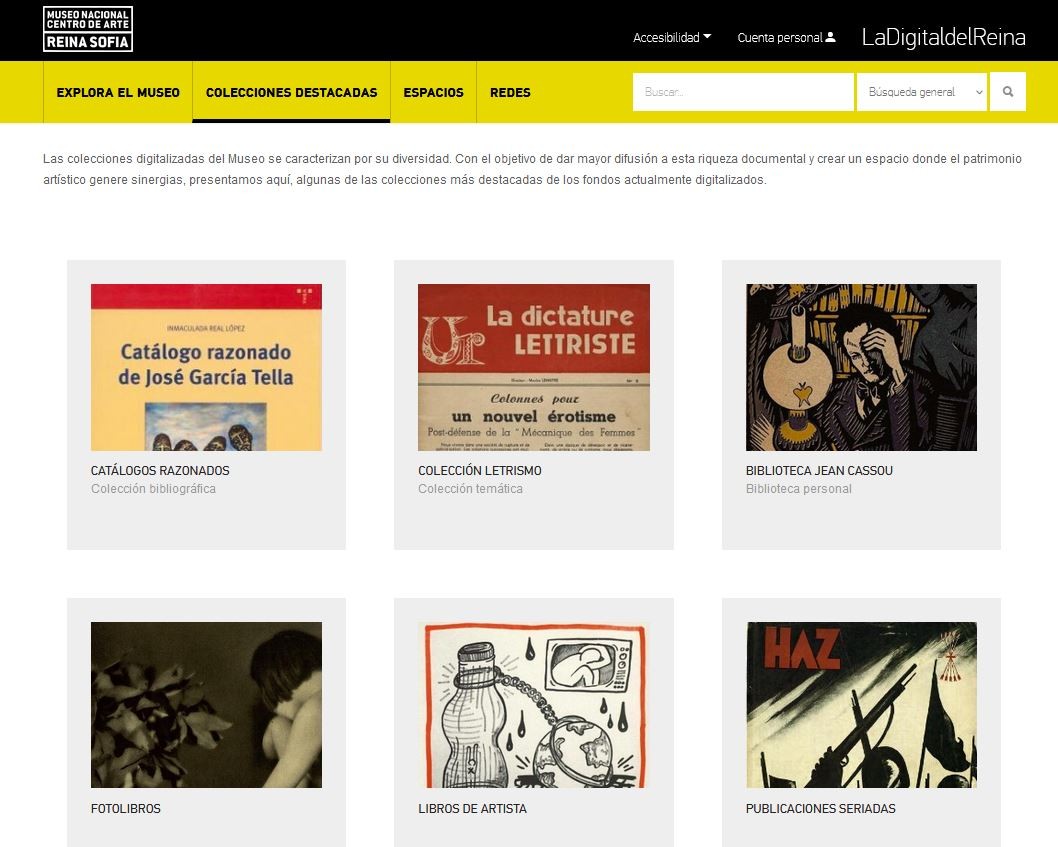 Captura de pantalla de la sección Colecciones destacadas de LaDigitaldelReina, con las colecciones Catálogos razonados, Colección Letrismo, Biblioteca Jean Cassou, Fotolibros, Libros de artista y Publicaciones seriadas